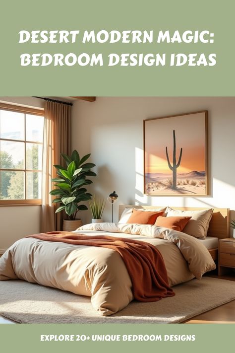 Generate an image of a spacious bedroom with large windows to let in natural light. The room is decorated with modern furniture pieces in light wood tones. A soft, plush bed with plush linens in sand, beige and soft terracotta hues takes the center stage. Splashes of greenery like a potted cactus and succulents are placed around to add more interest. A wall hanging or a painting that depicts a serene desert scenery can also be seen in the room. Boho Desert Bedroom Ideas, Sedona Inspired Bedroom, Desert Bedroom Aesthetic, Bedroom Inspirations Scandinavian, Desert Aesthetic Bedroom, Desert Modern Bedroom, Desert Bedroom Decor, Desert Theme Bedroom, Desert Inspired Bedroom