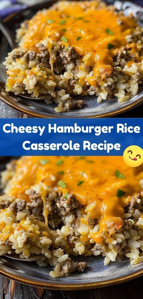 Delicious cheesy hamburger rice casserole. Perfectly cheesy and filling, great for dinner. Hamburger Rice Casserole, Hamburger Rice, Ground Beef Rice, Ground Beef Casserole Recipes, Beef Rice, Rice Casserole Recipes, Beef Casserole Recipes, Ground Beef Casserole, Think Food