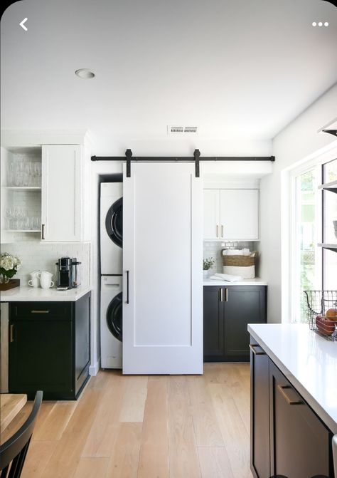 Modern Laundry Closet, Laundry Bathroom Combo, Laundry Closet Organization, Organization Laundry, Stacked Laundry Room, Tiny Laundry Rooms, Modern Laundry, Laundry Room Flooring, Basement Laundry