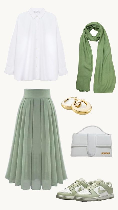 Green and white 💚×🤍 Outfit Hijab Ideas, Stylish Outfits Casual, Hijabista Fashion, Save Outfits, Pentecostal Fashion, Cute Modest Outfits, Hijab Style Casual, Hijabi Fashion Casual, Modest Dresses Casual