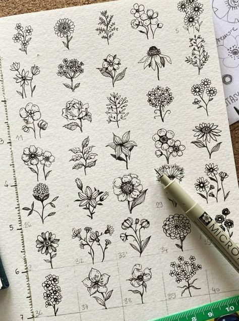 Doodle Art Drawing Flower, Micron Pen Art Beginner, Pen Flowers Drawing, How To Draw Flowers In Perspective, Floral Pen Art, Pen Flower Drawing Doodles, Floral Drawing Sketchbooks, Letters With Flowers Drawing, Ink Pen Sketch