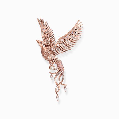 Necklace pendant: artistic phoenix, rosé plating | THOMAS SABO Mythical Bird, Phoenix Design, Phoenix Pendant, Rose Stone, Pink Stones, Large Necklace, Rose Gold Pendant, Feather Pendant, Skull Pendant