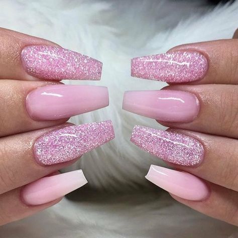 Pink Nails Glitter Design, Pink Nails Acrylic With Glitter, Acrylic Nails Pink With Glitter, Nails Acrylic Glitter Ombre, Pink Nails With Pink Glitter, Pink Ombre Nails With Glitter, Pink Glitter Nails With Design, Pink Nails One Glitter Nail, Nails Spring Pink