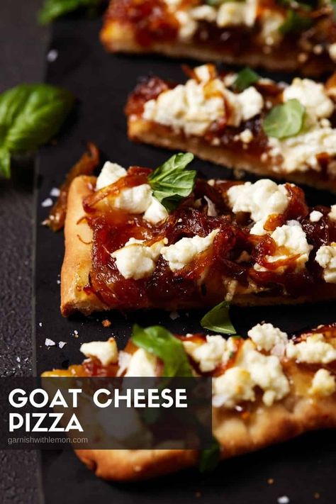 Everyone loves pizza, but creamy goat cheese, silky smooth caramelized onions, subtly sweet fig jam and fresh, fragrant basil make an especially addictive combo. Enjoy restaurant quality flavor at home with this easy goat cheese pizza recipe! Fig Jam Pizza, Goat Cheese Fig Jam, Goat Cheese Pizza Recipes, Cheese Flatbread Pizza, Fig Pizza, Goats Cheese Flatbread, Cheese Pizza Recipe, Goat Cheese Stuffed Chicken, Goat Cheese Pizza