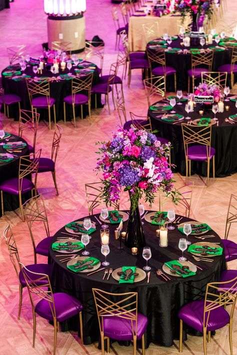 Luxury Mardi Gras theme wedding reception in Washington DC Black Red Gold Wedding, Mardi Gras Wedding Theme, Mardi Gras Theme, Mardi Gras Party Decorations, Gold Wedding Decor, Mardi Gras Wedding, Red Gold Wedding, Mardi Gras Centerpieces, Dc Wedding Venues