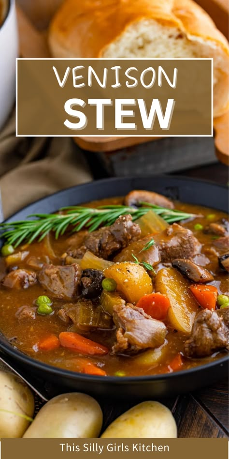 Venison stew has always been a favorite, even through the years of history. This traditional and classic stew is a hearty and delicious meal that everyone loves. This amazing venison stew is the perfect main dish for any lunch or dinner. Pair it with a buttered roll for the ultimate meal that everyone will enjoy. This stew is filled with venison, carrots, onions, potatoes, and more that's sure to have everyone at your table coming for seconds. Try this stew today! Dutch Oven Venison Stew, Venison Stew Stove Top, Venison Stew, Dinner Party With Friends, Cold Weather Comfort Food, Buttered Vegetables, Hearty Stew, What To Make For Dinner, Hearty Comfort Food