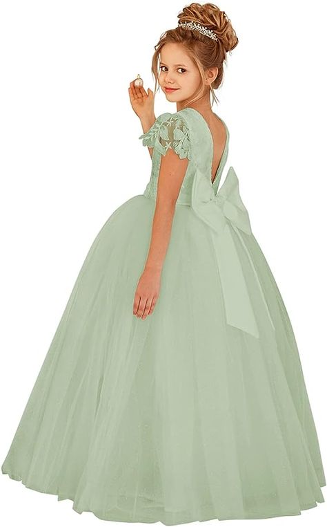 Flower Girl Dresses Green, Sage Green Prom Dress, Kids Prom Dresses, Green Quinceanera Dresses, Green Quinceanera, Green Flower Girl Dresses, Baptism Dresses, Girls Baptism Dress, Fairytale Forest