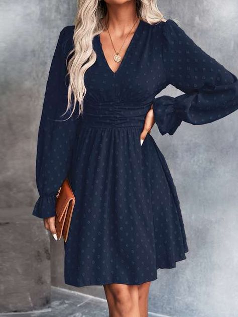 Temu | Explore the Latest Clothing, Beauty, Home, Jewelry & More Ruffle Long Sleeve Dress, Ruffle Pattern, Winter Boho, Navy Blue Fabric, Ruffle Long Sleeve, Long Sleeve Short Dress, Vestido Casual, Swiss Dot, Navy Blue Dresses