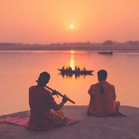 Beautiful Sunrise at Varanasi Ghat...musician playing with flute Near Mother Ganga River Indian Flute Photography, Ganga Ghat Varanasi Photography, Ganga River Photography, Indian Culture Photography, Banaras Ghat Photography, Varanasi Ghat Photography, Mother Ganga, Map Photography, Banaras Ghat