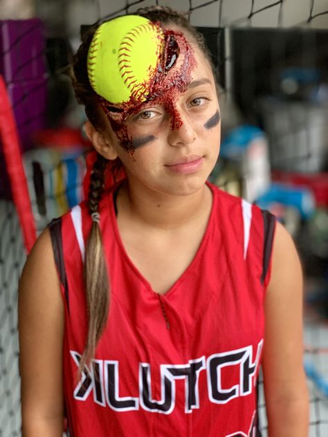 Zombie Athlete Costume, Halloween Treats For Softball Team, Softball Zombie Costume, Halloween Softball Costumes, Softball Zombie Costume Diy, Softball Halloween Ideas, Cute Eyeblack Softball, Baseball Halloween Decorations, Dead Baseball Player Costume