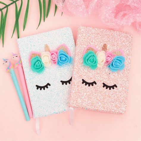 Flower Unicorn Glitter Notebook and Light up Pen Set  Price: 24.99 & FREE Shipping  #hashtag1 Unicorn Diary, Glitter Notebook, Unicorn Notebook, Flower Unicorn, Diy Notebook Cover, Handmade Diary, Unicorn Accessories, Diary Cover, Cute Diary