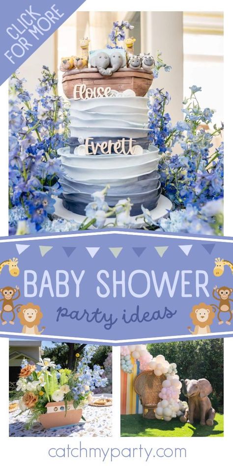 Noah’s Ark Baby Shower Theme Ideas, Noah Ark Baby Shower Ideas, Baby Shower Party Planning, Noahs Ark Baby Shower, Baby Boy Shower Party, Baby Shower Cakes For Boys, Birthday Party Activities, Rainbow Balloons, Twins Baby Shower