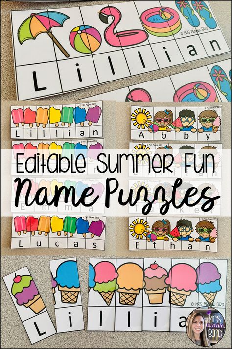 Click here to discover 5 different editable name puzzle templates with a summer theme! There are watermelon, ice cream, popsicle, summer fun and summer kids puzzles for your preschoolers to practice arranging the letters in their names. Summer Fun Theme Preschool, Summer Name Craft, Puzzles For Preschoolers, Ela Stations, Summer School Crafts, Summer Learning Activities, Summer Names, Book Buddy, Summer Preschool Activities