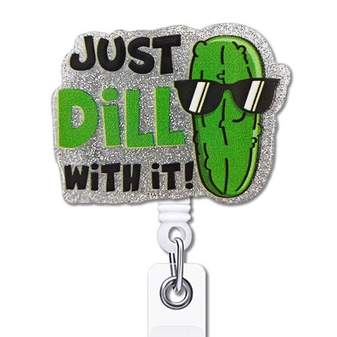 PRICES MAY VARY. Unique Theme: Our acrylic badge reel is designed with funny arts "Just Dill With It". The vivid color pattern and funny saying are imprinted on the high quality glitter acrylic sheet. The cute and interesting badge reel can meet your daily using, also can adorn your clothes well and bring more happiness and fun to your life. Premium Quality: This retractable acrylic badge reel is made of quality plastic, shiny acrylic and metal, the retractable rope is made of nylon material, sa Badges Diy, Office Worker, Nurse Doctor, Glitter Acrylic, Glitter Acrylics, Retractable Badge Reel, Id Badge Holders, Gifts For Office, Vivid Color