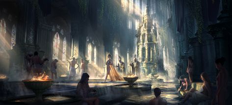 Zazzespur - Foaming Sands Bathhouse Fantasy Locations, Out Of My Comfort Zone, Fiction Idea, Art Landscapes, Environment Art, Anime Backgrounds, Arte Cyberpunk, Background Ideas, Illustration Ideas