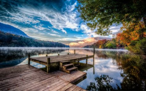 brown wooden dock #lake #nature #sunset #mountains #fall #pier #forest #mist #water #reflection #sky #clouds #trees #landscape #1080P #wallpaper #hdwallpaper #desktop Hd Landscape, Landscape Wallpapers, Hd Wallpapers For Pc, Best Nature Wallpapers, Desktop Background Pictures, Places To Live, Beautiful Background, Beauty Wallpaper, Beautiful Landscape Wallpaper