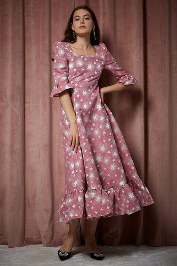 Circle Line, Sister Jane, Sisters Dress, Pink Dress Casual, Dress Closet, Line Skirt, Pink Midi Dress, Vintage Inspired Design, Silver Stars