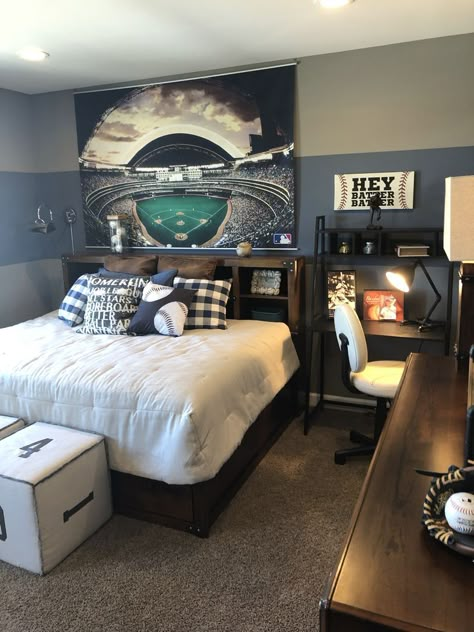 Boys Baseball Bedroom, Baseball Themed Bedroom, Baseball Theme Room, Sports Room Boys, Boy Sports Bedroom, Baseball Bedroom, Teenager Bedroom Boy, Sport Bedroom, Boys Bedroom Makeover