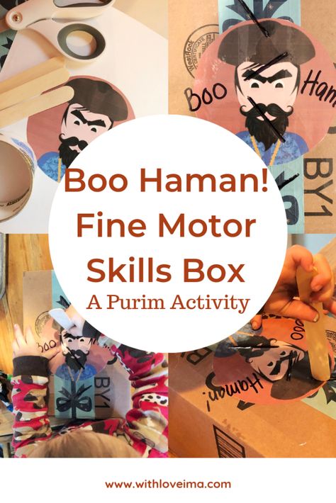 A Purim Activity: Boo Haman Fine Motor Skills Box | Simple and fun activity that encourages your toddler to practice fine motor skills with a Jewish spin! from With Love, Ima Purim For Toddlers, Purim Toddler Activities, Purim Activities For Toddlers, Purim Activities Preschool, Purim Activities For Kids, Purim Crafts Preschool, Purim Activities, Purim Preschool, Hebrew Culture