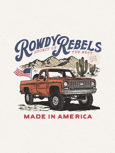 Rowdy Rebels by Wak Jay  Creative Studio Tennessee Logo Design, Country Graphic Design, Country Brands, Garage Branding, Rustic Graphic Design, Manly Design, Western Illustration, Trendy Shirt Designs, Tshirt Printing Design