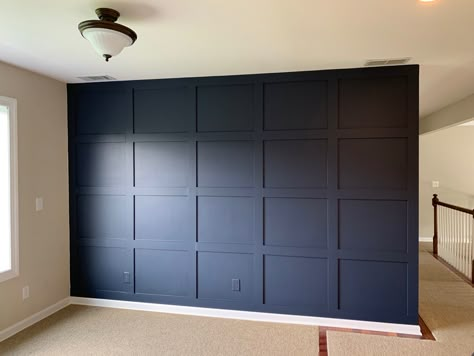 Grid wall, accent wall, board and batten, hale navy, navy blue accent wall Navy Accent Walls, Dining Room Accent Wall, Navy Blue Bedrooms, Blue Accent Walls, Dining Room Accents, Room Accent Wall, Navy Blue Walls, Board And Batten Wall, Wood Accent Wall