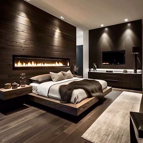 Dark Wood Bedroom Ideas, Wood Bedroom Ideas, Black Wooden Bed, Wood Accent Wall Bedroom, Winter Bedrooms, Bedroom Wooden Floor, Primary Bedroom Suite, Dark Wood Bedroom, Winter Bedroom