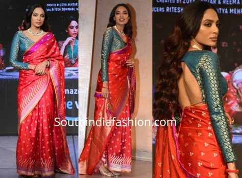 Silk Full Sleeve Blouse, Red Banarasi Saree With Contrast Blouse, Long Sleeves Blouses For Silk Sarees, Brocade Full Sleeve Blouse, Made In Heaven Outfits, Red Silk Saree With Contrast Blouse, Full Sleeve Blouse Designs Saree Indian Weddings, Shobhita Dhulipala Made In Heaven, Sobhita Dhulipala Made In Heaven Outfits