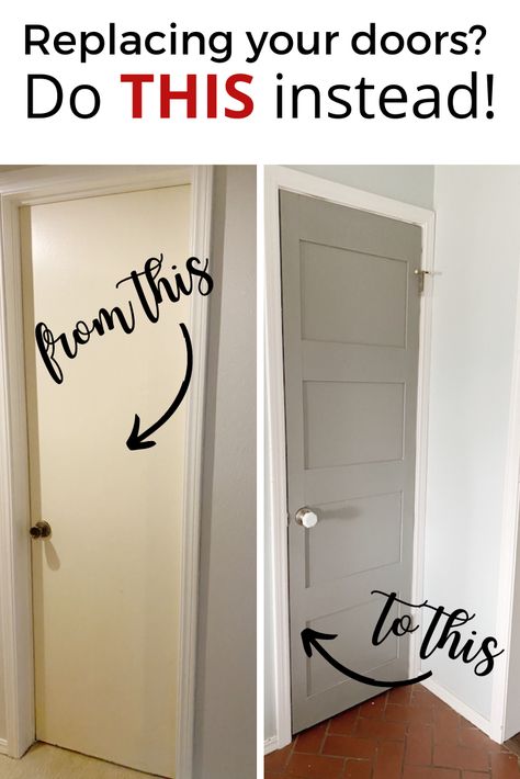 Give your flat door a panel door makeover for under $20! Update your interior doors on a dime with this hack and save tons of money, not to mention a huge headache from having to fit new doors into a home that has settled. #diy #farmhouse #doors How To Make Cheap Doors Look Better, Transform Flat Panel Doors, Fake Door Panels, Wood Door Update, Update Indoor Doors, Decorate Plain Door, Hallway Door Makeover, Faux Door Panels, Diy Internal Door Makeover