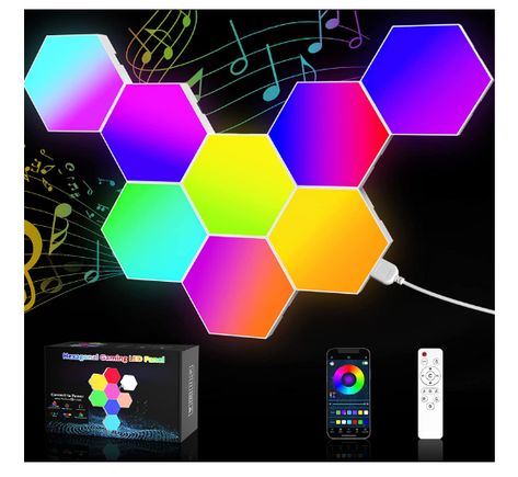 NIUCOO 8 Pack Hexagon Lights for Wall Led - Music Sync RGB Hexagon Lights with APP & Remote for Gift for Home Decor, Bedroom, Gaming Room, Kids/Adults Led Wall Panels, Gaming Lights, Hexagon Lights, Hex Tiles, Hex Tile, Light App, Light Panels, Tv Decor, Led Panel Light