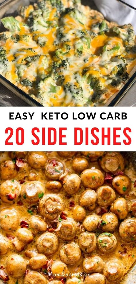 I’ve selected 20 keto side dishes that are full of good nutrients. You’ll see cauliflower, zucchini, broccoli, asparagus, and spaghetti squash on here. #ketorecipes #lowcarb #ketosidedishes #sidedishes Low Carb Side Dish Recipes, Meatloaf Side Dishes, Low Calorie Sides, Cauliflower Zucchini, Low Calorie Side Dishes, Hamburger Side Dishes, Zucchini Broccoli, Broccoli Recipes Side Dish, Cauliflower Side Dish