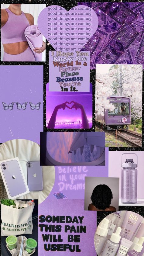 Purple aesthetic vision board Purple Vision Board Wallpaper, Purple Vision Board Ideas, Purple Mood Board Aesthetic, Vision Board Purple, Purple Vision Board, Lilac Aesthetic, Aesthetic Vision Board, 2023 Vision Board, Dream Home Gym