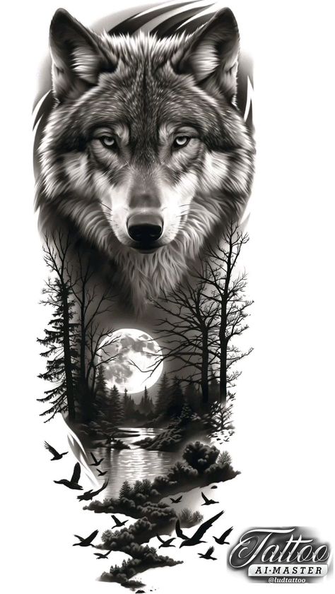 Wolf Tattoo Realism, Black And Grey Realism Tattoo Design, Shen Long Tattoo, Wolf Sleeve, Cubs Tattoo, Wolf Tattoo Sleeve, Native Tattoos, Deer Tattoo, Half Sleeve Tattoos For Guys