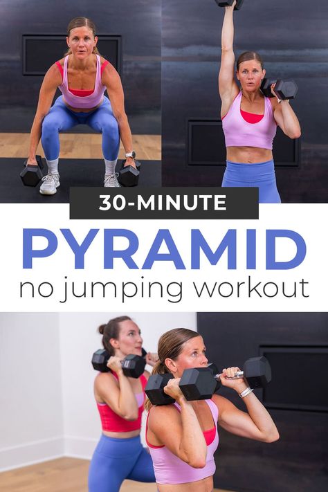 Blast the upper body, lower body, and core with this effective full body HIIT workout routine for women! Challenge your strength and endurance with this tough but achievable dumbbell HIIT workout. We combined our favorite HIIT exercises into a heart-pumping pyramid workout. This workout format is one of our favorite ways to increase muscular and cardiovascular fitness levels at home. Pyramid Hiit Workouts, Dumbbell Hiit Workout, Compound Dumbbell Exercises, 20 Min Hiit Workout, Hiit Workouts At Gym, Dumbbell Hiit, At Home Hiit Workout, Workout Routine For Women, 30 Minute Hiit Workouts