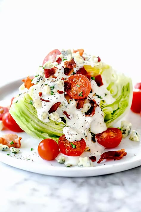 Classic Wedge Salad (+ Homemade Blue Cheese Dressing) - foodiecrush Wedge Salad Dressing, Lettuce Wedge Salad, Blue Cheese Salad Recipes, Wedge Salad Recipe, Wedge Salads, Iceberg Wedge Salad, Wedge Salad Recipes, Blue Cheese Dressing Recipe, Salad With Blue Cheese