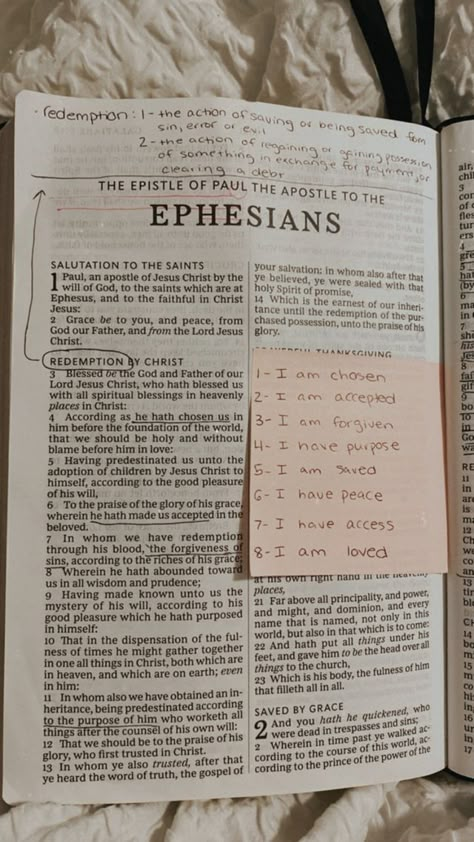 Bible Aethstetic, Writing On Side Of Bible, Ephesians Aesthetic, Writing In Bible Ideas, Good Bible Chapters To Read, What To Write On The Side Of Your Bible, Bible Verse To Study, Ephesians Bible Notes, Bible Study Vision Board