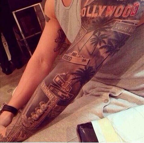 California tattoo inspo Hollywood Tattoo, Los Angeles Tattoo, Vegas Tattoo, California Tattoo, La Tattoo, City Tattoo, Men Tattoos, Theme Tattoo, Facial Tattoos