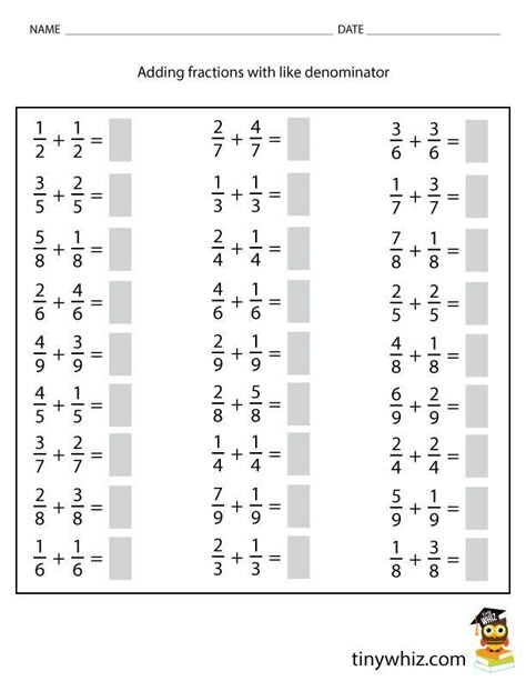 Adding Fractions With Like Denominators: A Free Printable Worksheet for Kids Adding Like Fractions Worksheet, Adding Fractions Worksheet, Like Fractions Worksheet, Adding Fractions With Like Denominators, Fractions With Unlike Denominators, Addition Of Fractions, Proper Fractions, 3rd Grade Fractions, Math Worksheets For Kids