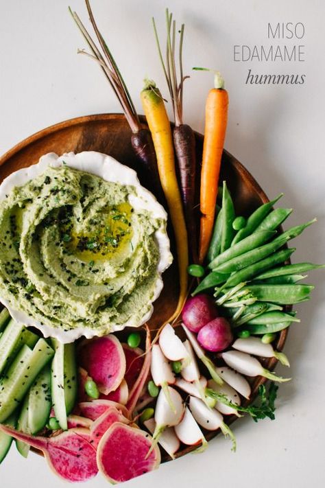 Miso edamame hummus with spring crudités. Horderves Appetizers, Edamame Hummus, Crudite Platter, Easter Appetizers, Dehydrated Onions, Kale Smoothie, Coastal Boho, Spring Vegetables, California Coastal