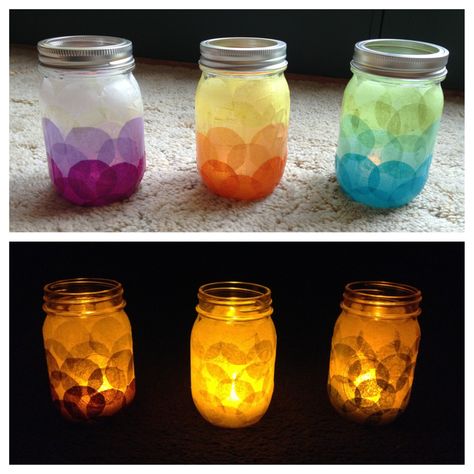 DIY Candle Holders! Tissue paper glued with modge podge onto a mason jar. Put the candle at the bottom! Use real or fake candle. Mine is fake since I'll be putting these cuties in my dorm. Tissue Paper Jar Lanterns, Glass Jar Candle Holders Diy, Tissue Paper Candle Holders, Decorating Small Space, Tissue Paper Candles, Candle Holder Ideas, Fake Candle, Diy Gifts In A Jar, Tissue Paper Lanterns