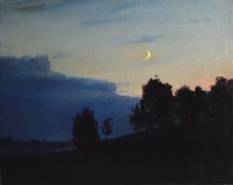 The month is young   -   Andrei Dobrynin Russian.... - Cozyhuarique Night Landscape Photography, Bryer Horses, Night Sky Moon, Moonlight Painting, Life Paint, Night Landscape, Landscape Art Painting, Creatures Of The Night, Night Painting