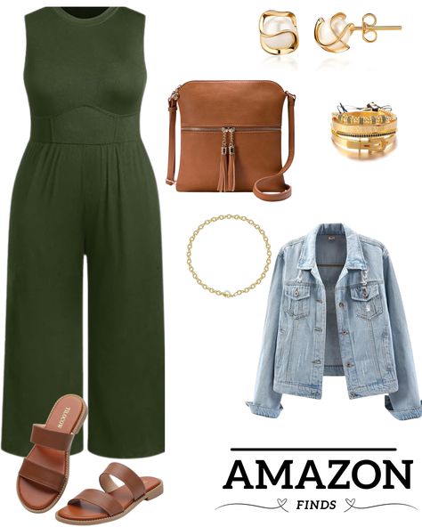 Step into effortless style with this Amazon collection. The olive green jumpsuit pairs seamlessly with laid-back brown sandals and a relaxed denim jacket. Accessorize with a tassel-detailed crossbody bag and gold hoops for a touch of sophistication, while a bracelet stack completes the look. This curated ensemble delivers a perfect balance of comfort and chic for any day. Olive Jumpsuit, Olive Green Jumpsuit, Green Jumpsuit, Brown Sandals, Gold Hoops, Bracelet Stack, Effortless Style, Olive Green, Denim Jacket