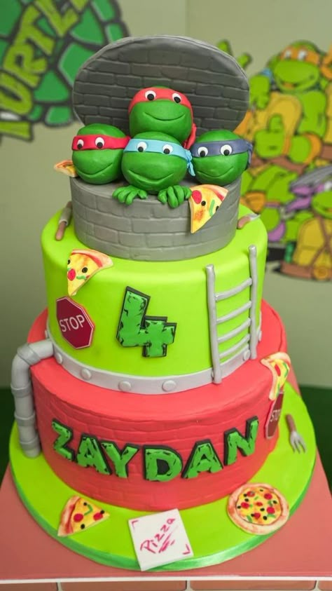 Young Mama Blog Ninja Turtles Cake Ideas, Turtle Birthday Theme, Ninja Turtle Birthday Theme, Mary Poppins Cake, Hot Wheels Themed Birthday Party, Ninja Turtle Birthday Cake, Tmnt Birthday Party, Ninja Turtle Birthday Party, Tmnt Cake