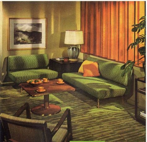 Mid Century Modern Living Room Design, 1950s Living Room, Sala Vintage, 70s Interior, Mid Century Interior, Retro Interior Design, Room Green, 70s Home, Retro Living Rooms