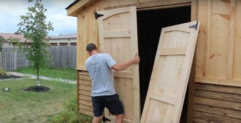 How to Create Easy-Build Shed Doors from Scratch | Hometalk Storage Shed Door Ideas, Diy Exterior Barn Door, How To Build Shed, Build Shed, Shed Door Hardware, Shed Ramp, Barn Style Shed, Exterior Barn Doors, Diy Exterior