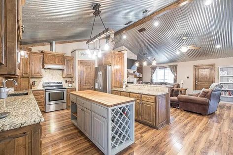 kitchen-with-corrugated-tin-ceiling Tin Ceiling Kitchen Farmhouse, Metal Ceiling In Kitchen, Kitchen With Tin Ceiling, Corrugated Tin Ceiling Kitchen, Tin And Wood Ceiling, Metal Interior Ceiling, Tin Ceilings Ideas, Tin Ceiling In Kitchen, White Corrugated Metal Ceiling