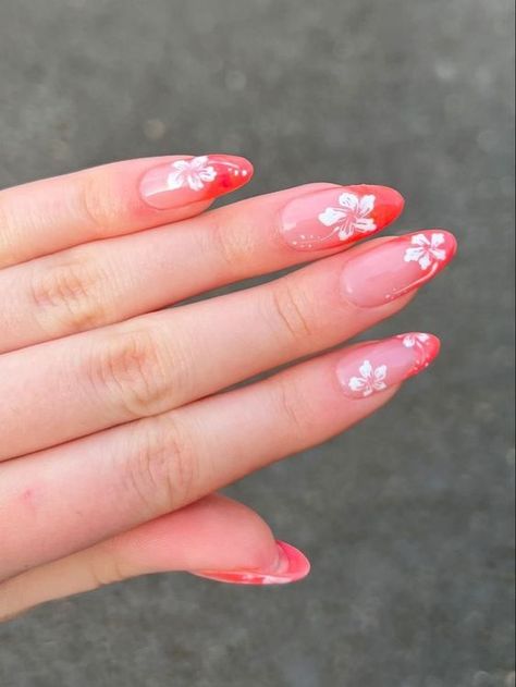 Acrylic Nails With Hawaiian Flower, Tropical Holiday Nails Summer, Cute Nails For Hawaii Vacation, Nails Inspiration Hawaii, Beach Nails Hibiscus, Hawaii Inspo Nails, Coral Nails With Flower Design, Hawaii Nails Almond Shape, French Tip Nails With Hawaiian Flower