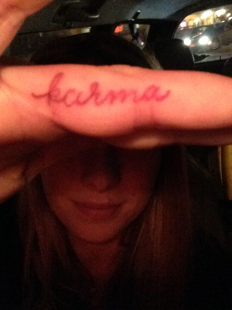 Karma Finger Tattoo, Karma Tattoo On Finger, Karma Tattoo, Petite Tattoos, Finger Tattoo, Finger Tattoos, Tattoo On, Tattoos And Piercings, Jesus Fish Tattoo