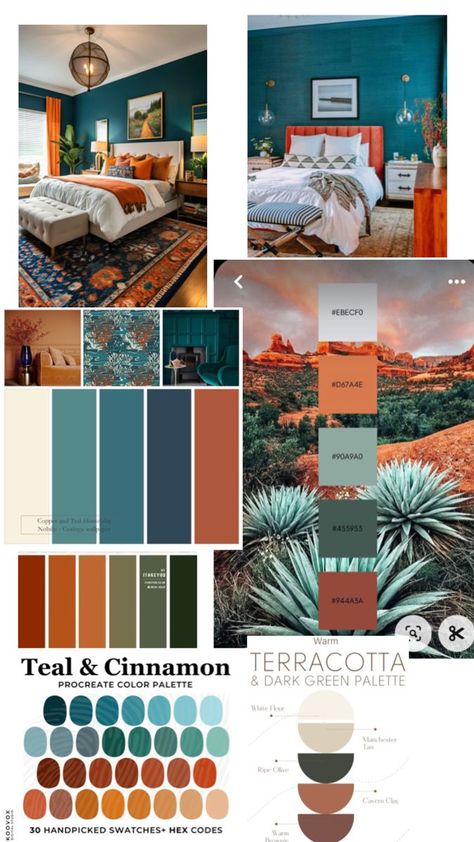 Teal Color Palette Bedroom, Terracotta Bedroom, Yellow Kitchen Cabinets, Kitchen Light Fixtures, Teal Color Palette, Teal Color Schemes, Bedroom Wall Decor Ideas, Teal Interiors, Turquoise Color Palette