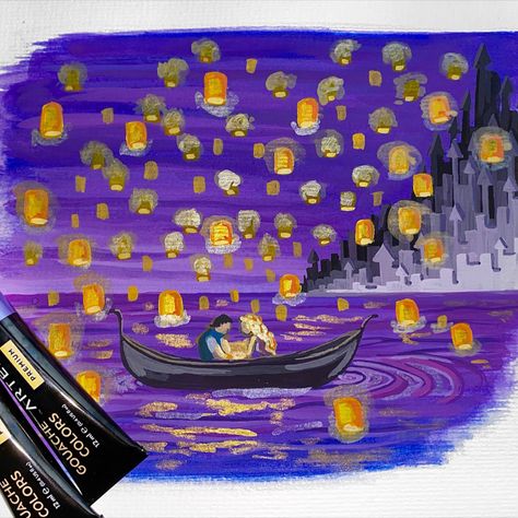 Rapunzel Lanterns Painting, Tangled Floating Lights Painting, Lantern Scene From Tangled, Tangled Lantern Scene Painting, Tangled Boat Scene, Tangled Lanterns Scene, Tangled Room, Tangled Boat Scene Painting, Rapunzel Boat Scene Painting