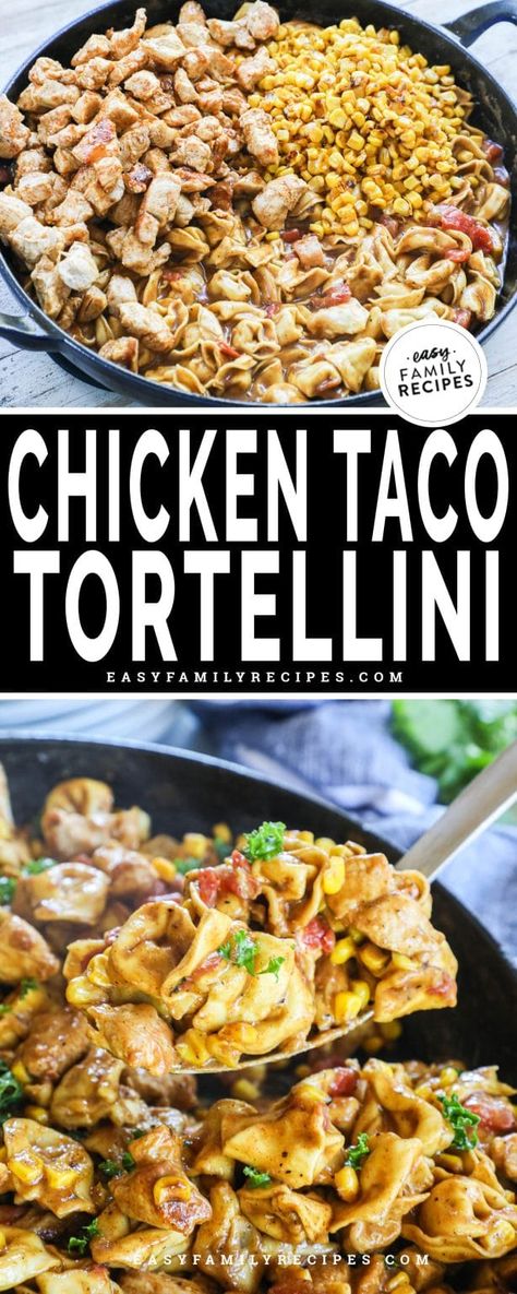 YUM! This easy one skillet dinner is perfect for busy weeknights! Chicken Taco Tortellini brings all the flavor of tacos and locks it in a creamy sauce flavored with taco seasoning. Tender chicken, delicious tortellini, charred corn, zesty tomatoes with green chiles, and creamy alfredo sauce seasoned with taco seasoning. With only a few ingredients this easy skillet dinner comes together in as little as 30 minutes! With all the flavor of tacos, creamy sauce and tortellini this easy chicken ... Tortellini Chicken Ceasar, Mexican Tortellini Recipes, Tortellini Recipes With Chicken, Chicken And Tortellini Recipes, Mexican Tortellini, Healthy Tortellini Recipes, Taco Tortellini, Tortellini Skillet, Easy Dinner Recipes For Family